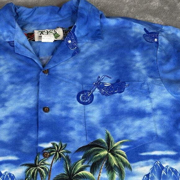 Vintage KY's Hawaiian Shirt Men's L‎ Motorcycle Ocean Mountain Beach Hut Scene - Picture 6 of 15